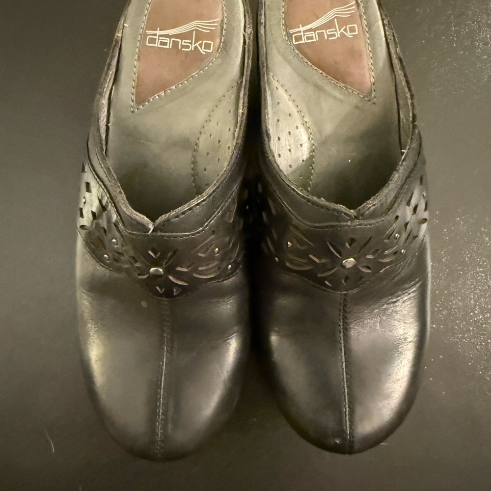 Dansko Black Leather Laser-Cut Mule Clogs
